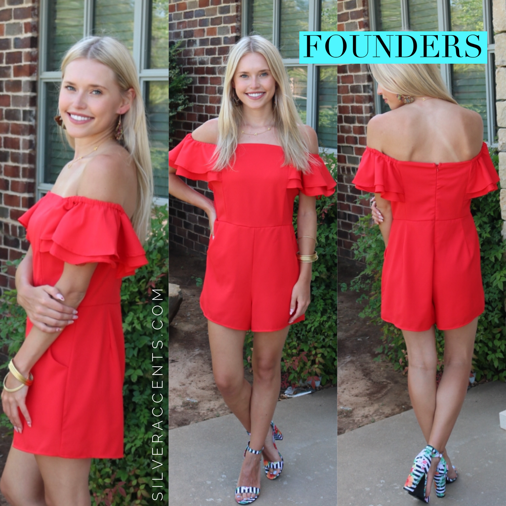 FOUNDER Ruffled OffShoulder Woven Romper w/Pockets