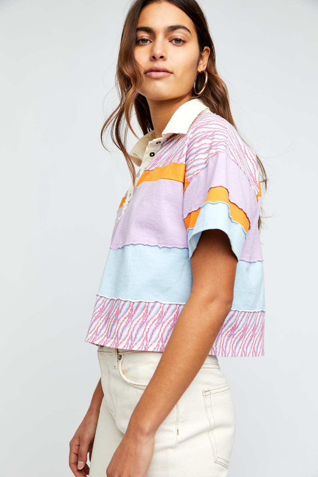 FREE PEOPLE MixPrint BELLA Collar Henley Tee Top