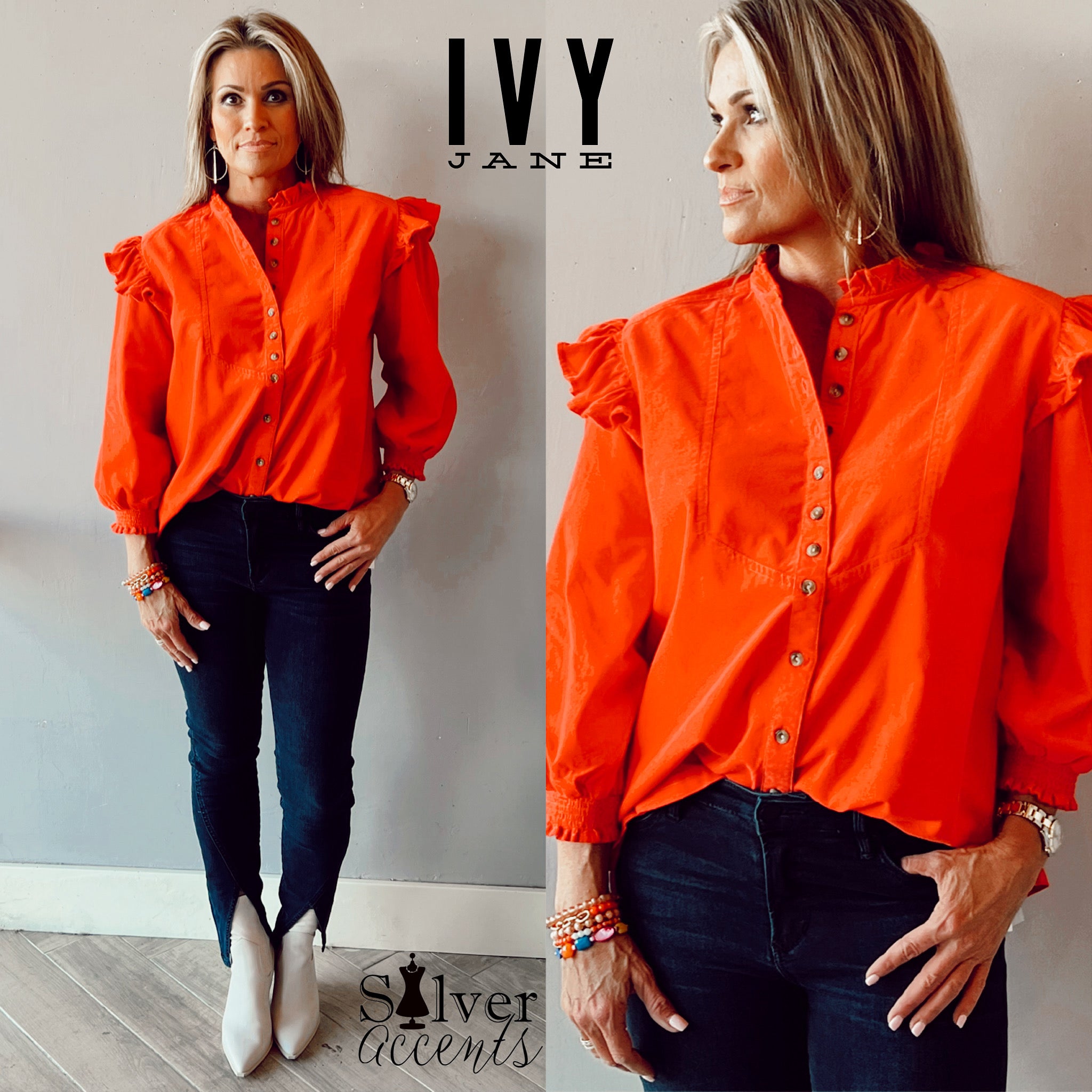 IVY JANE Corduroy FRIDAY Flounce~Shoulder ButtonDown Top