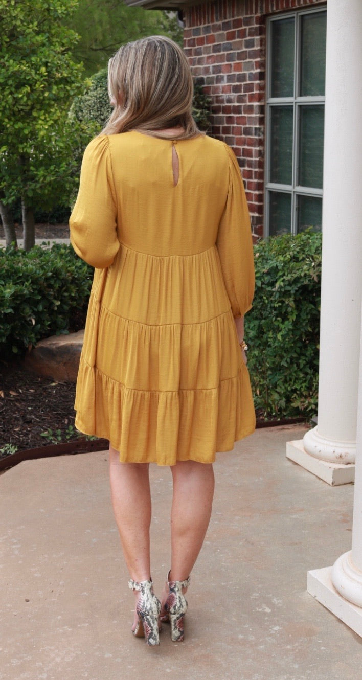 PYRAMID Tiered 3/4 Sleeve MatteSatin Dress