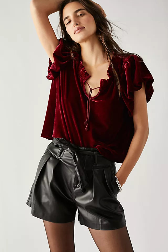 FREE PEOPLE Velvet TERESE Puff Sleeve Tie Neck Top