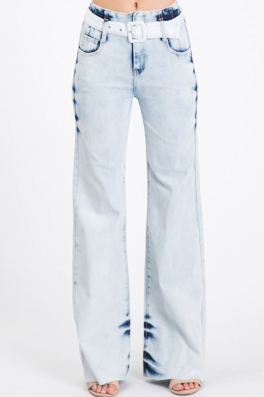 GIGI High Waisted Acid Wash Belted Stretch Flare Jean