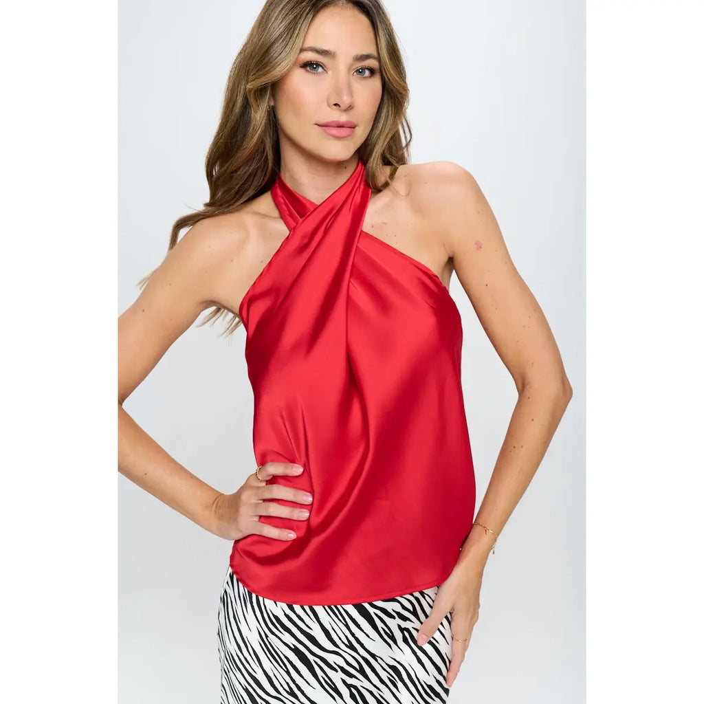 COMMIT Cross Neck Halter Satin Open Back Top