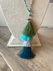 Green Beaded and Tassel Necklace