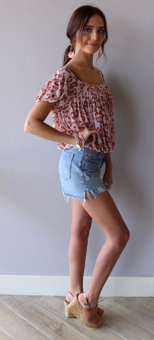 FREE PEOPLE Mesh MEG’S BLOUSE Animal Print BubbleHem Top