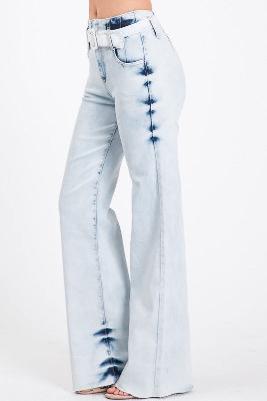 GIGI High Waisted Acid Wash Belted Stretch Flare Jean