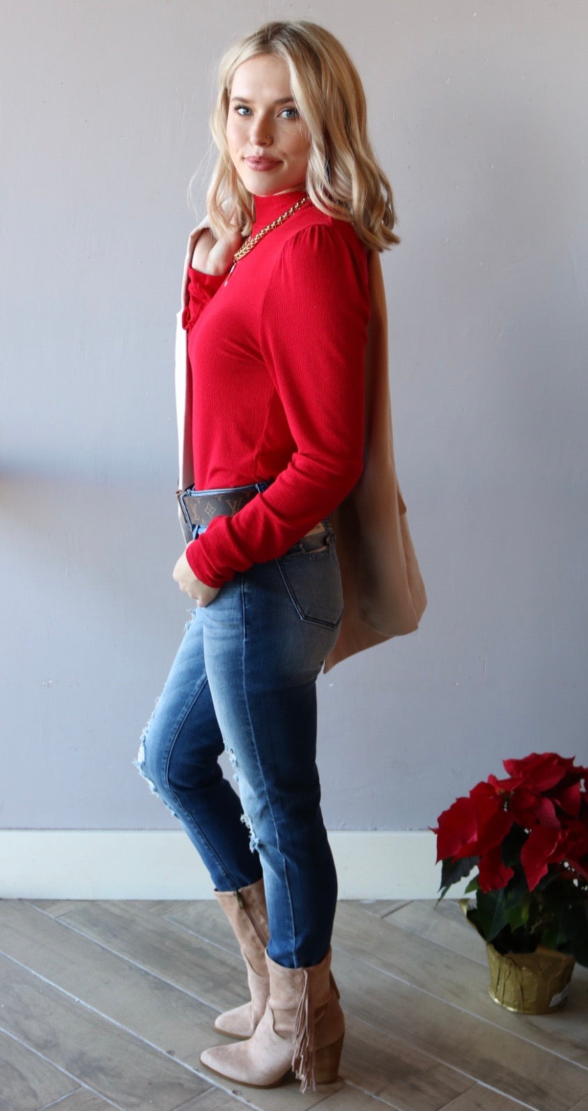 MICHAEL STARS RibKnit ESME MockNeck PuffSleeve Top