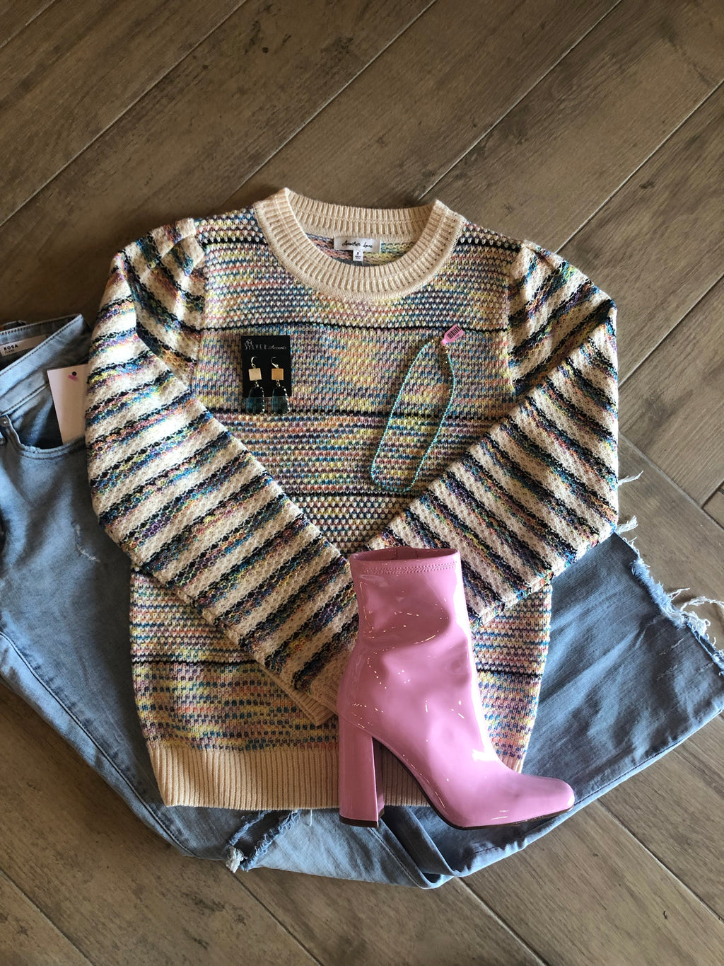 ANOTHER LOVE Puff Sleeve INES Striped CrewNeck Sweater