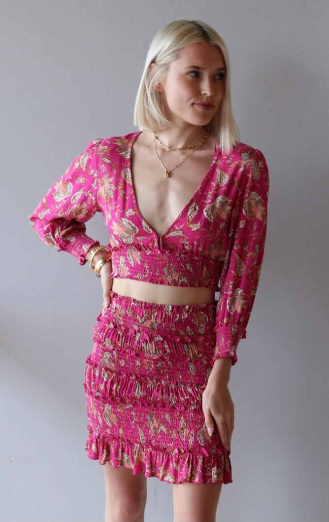 PARADISE 2pc Floral Crop Top/Ruffle Smock Skirt Set