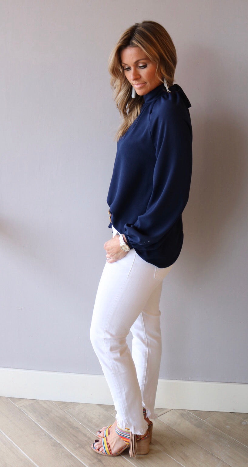 VINDICATE Hi-Neck KeyHole TieBack LongSleeve Top