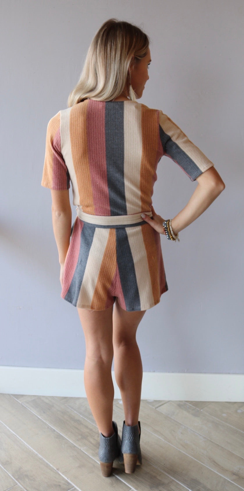 *BLUE BLUSH Stripe CLUTCH Heather-Knit Tie Waist Romper