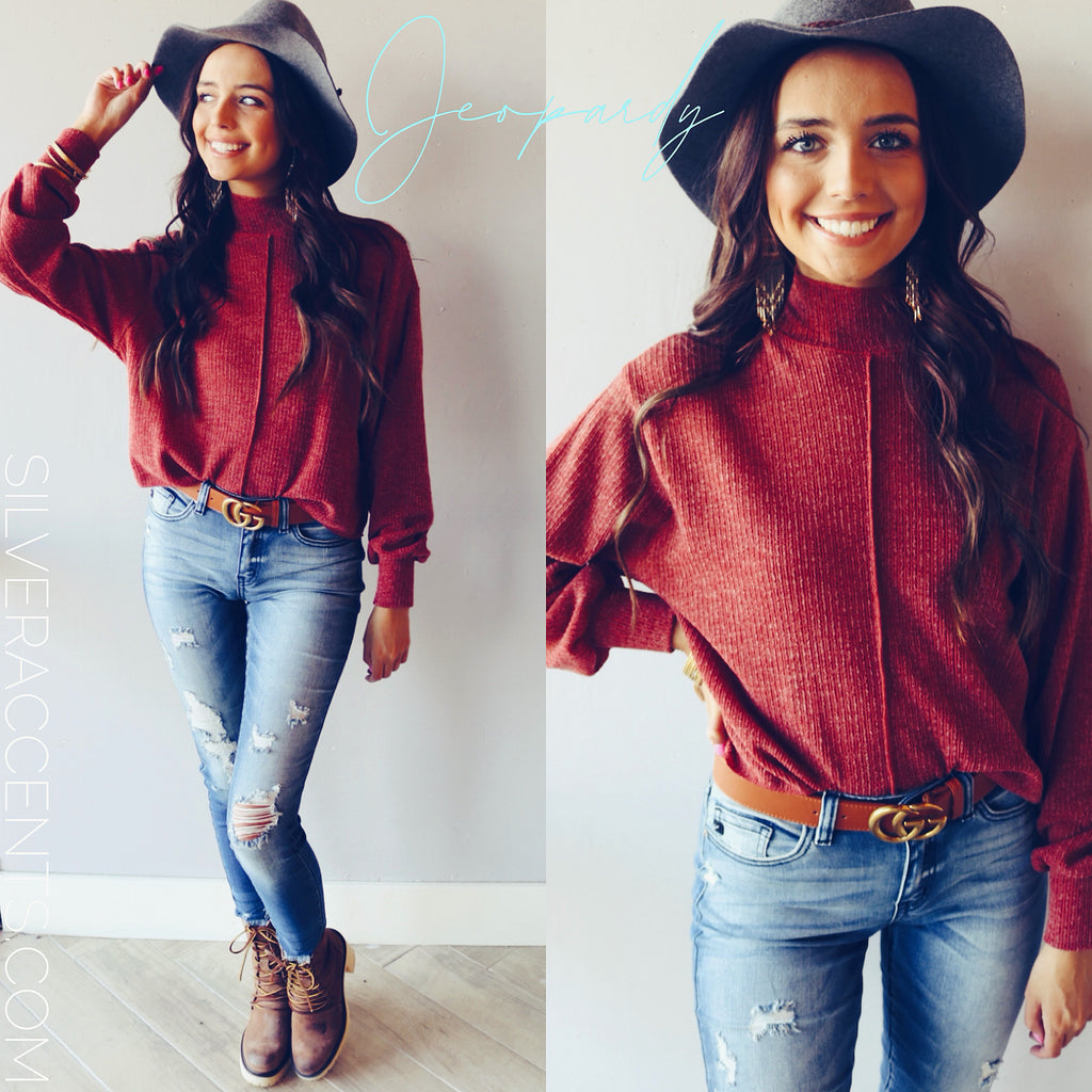 JEOPARDY MockNeck Expose Seam Knit Sweater