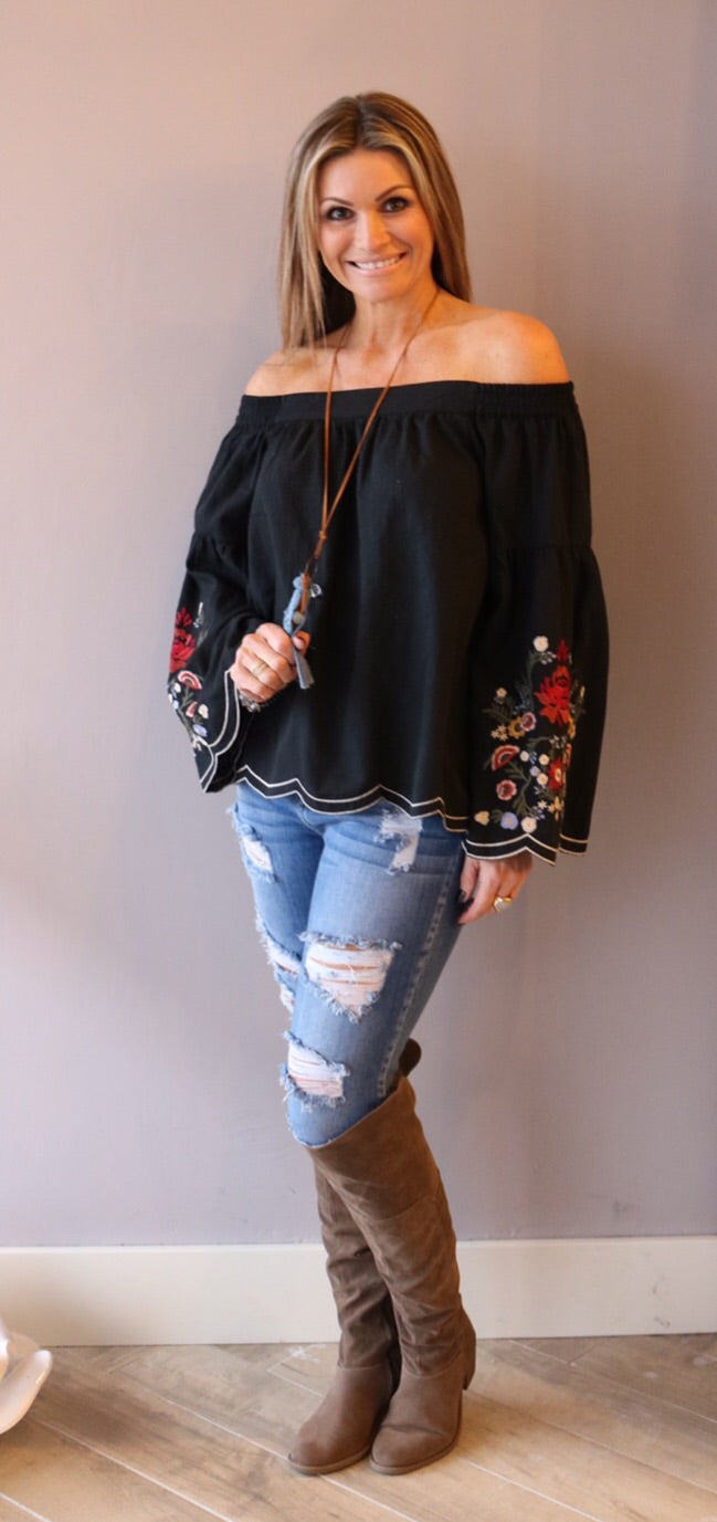 HARBOR Floral Embroidered OffShoulder ScallopHem Top