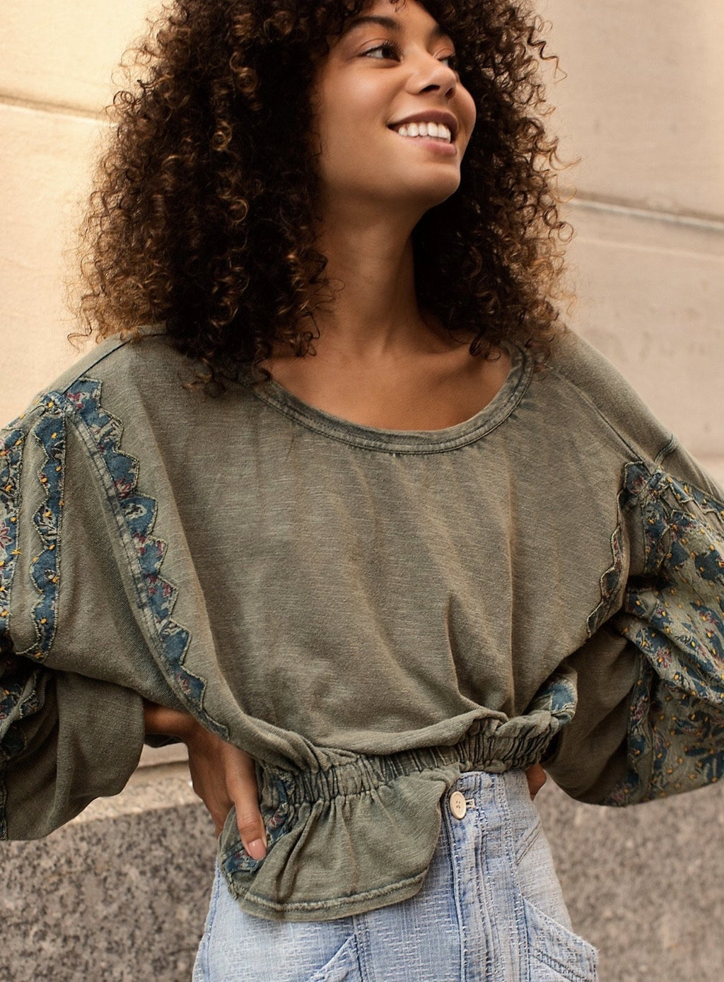 FREE PEOPLE Patchwork THROWBACK MineralWash Print Top