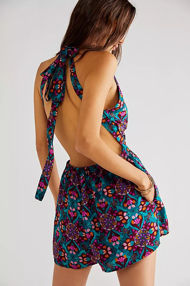 FREE PEOPLE Floral CORAL TIDES Romper Silver Accents