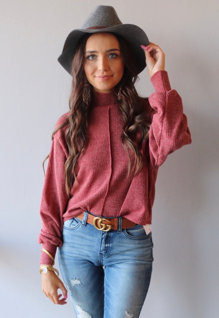 JEOPARDY MockNeck Expose Seam Knit Sweater