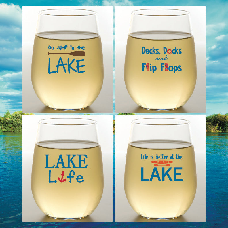 4 PACK Designer Shatterproof Logo Stemless Wine Glasses