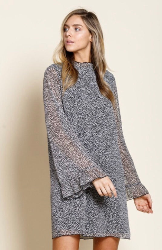 TOURIST Cheetah Ruffle MockNeck Chiffon Dress