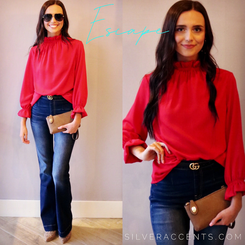 ESCAPE RuffleNeck/Sleeve 3/4 Sleeve Top