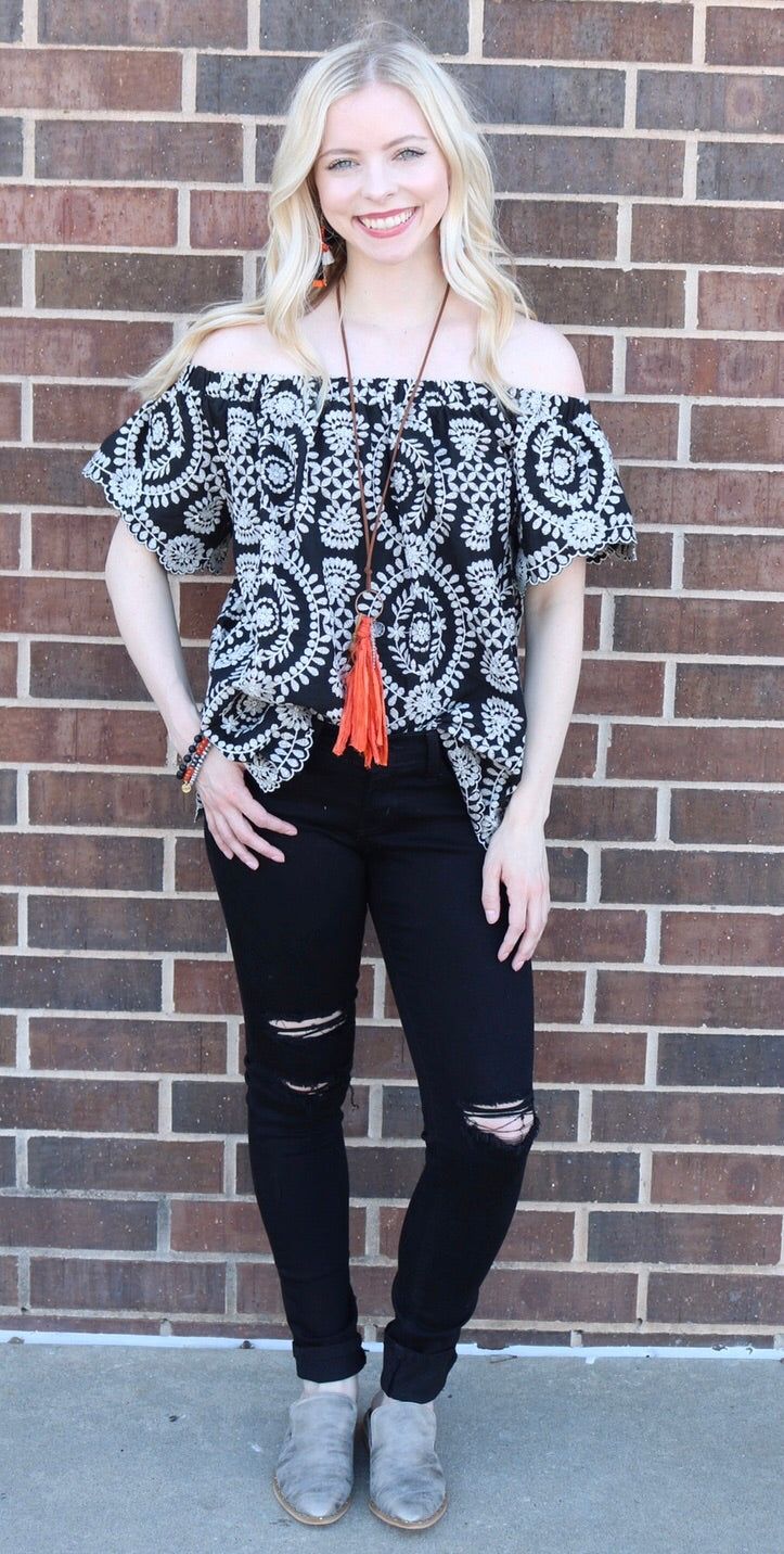 ARETHA Embroidered Ruffle Off Shoulder Top