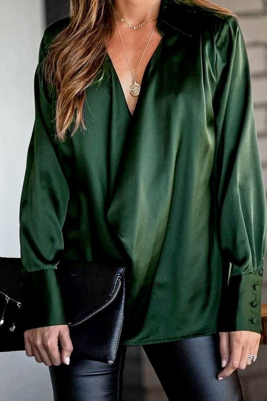 BRAZEN Collared Cowl~Neck Satin Top