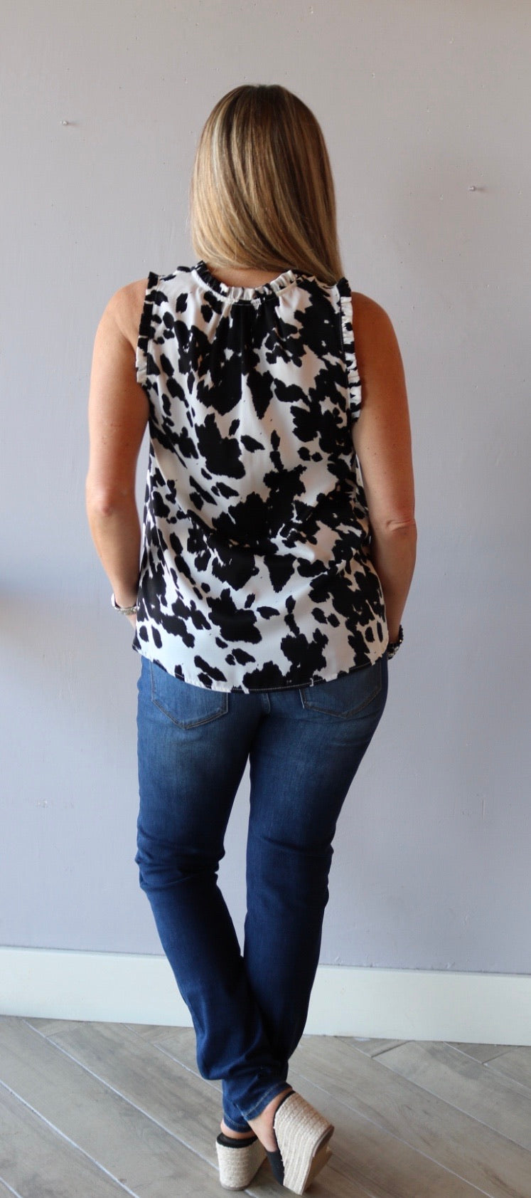 TAURUS Animal Print RuffleNeck TieFront Top