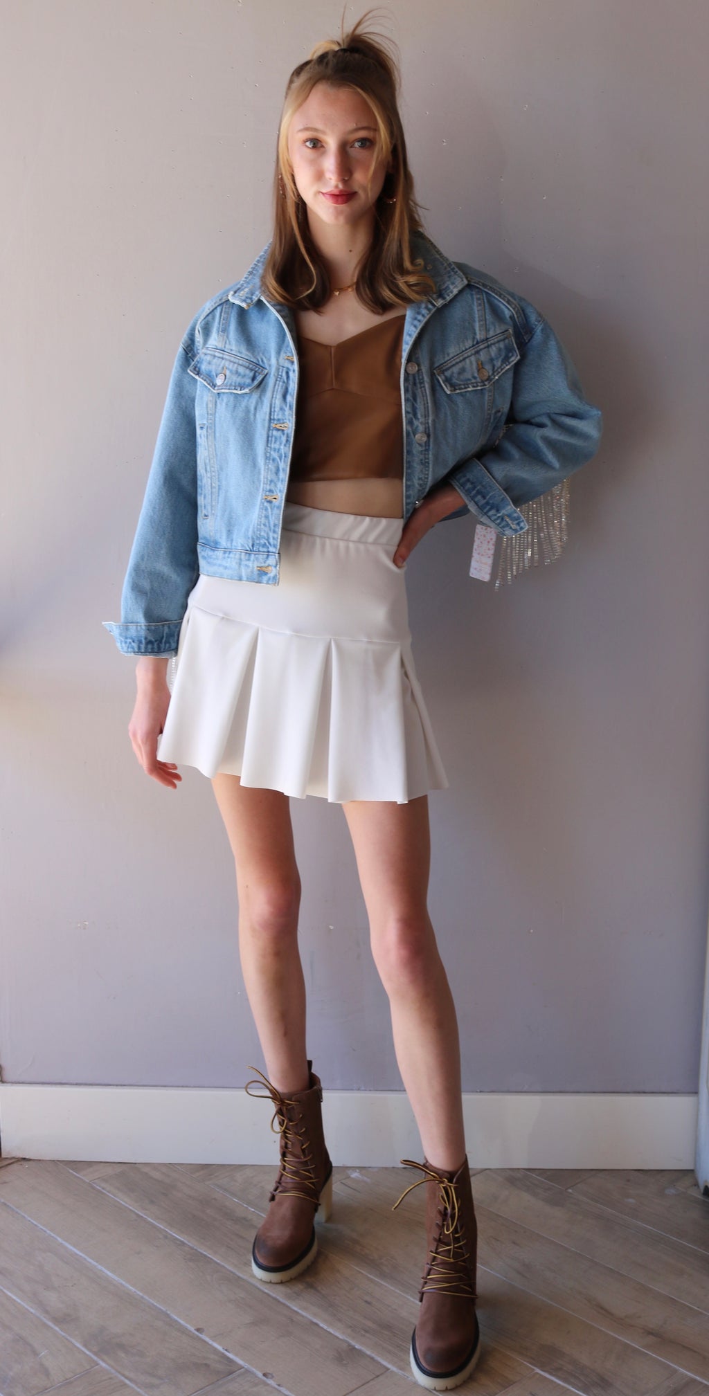 FREE PEOPLE Rhinestone Fringe COMET Denim Bomber Jacket