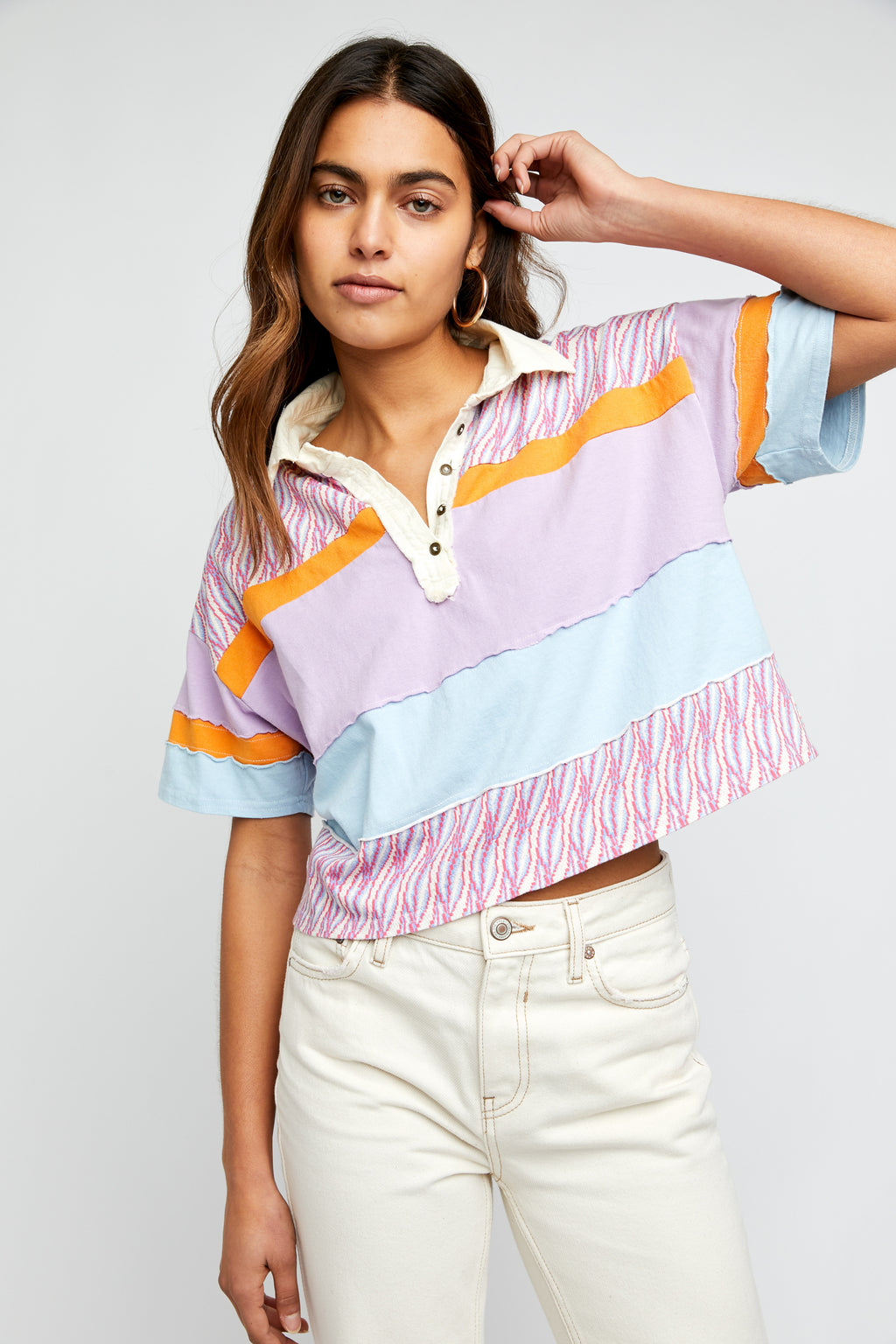 FREE PEOPLE MixPrint BELLA Collar Henley Tee Top