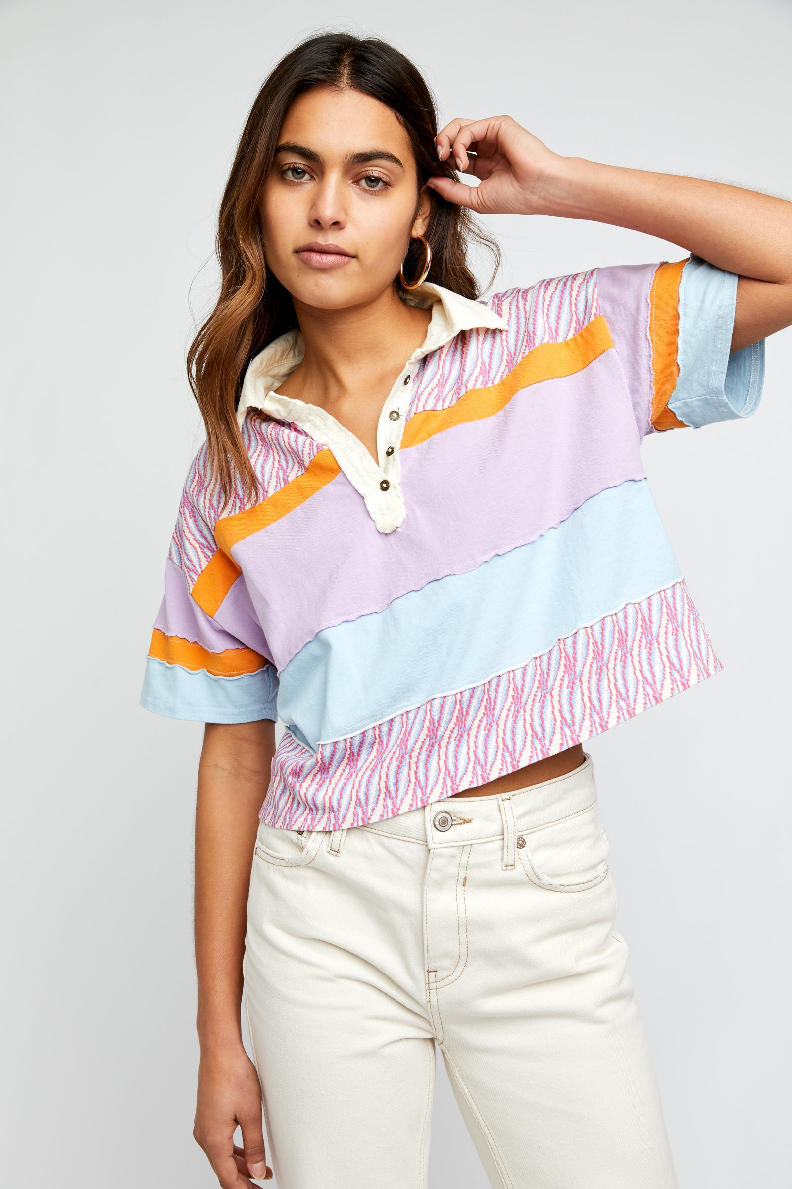 FREE PEOPLE MixPrint BELLA Collar Henley Tee Top