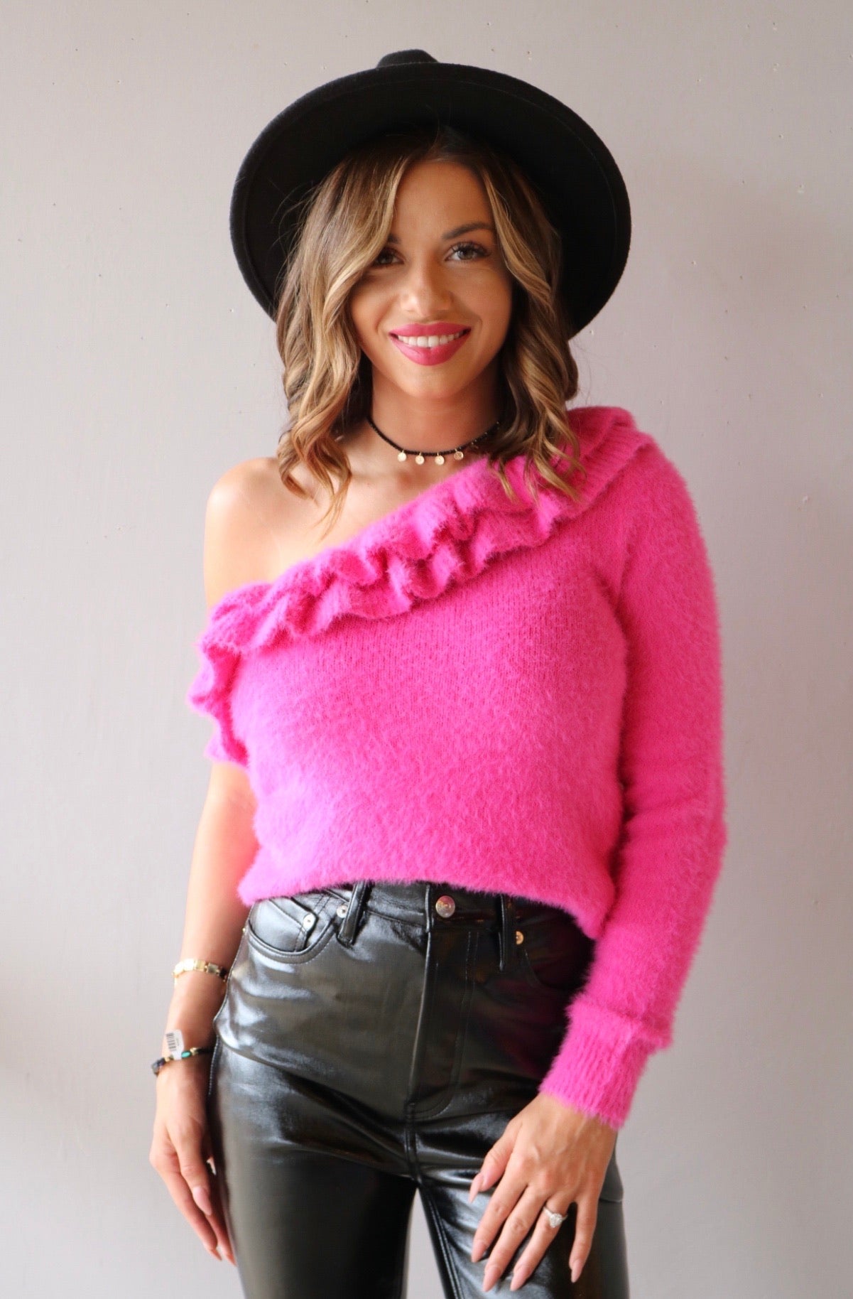 PURSUIT Ruffle OneShoulder Fuzzy Sweater Top