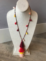Beaded and Tassel Fringe Red Necklace
