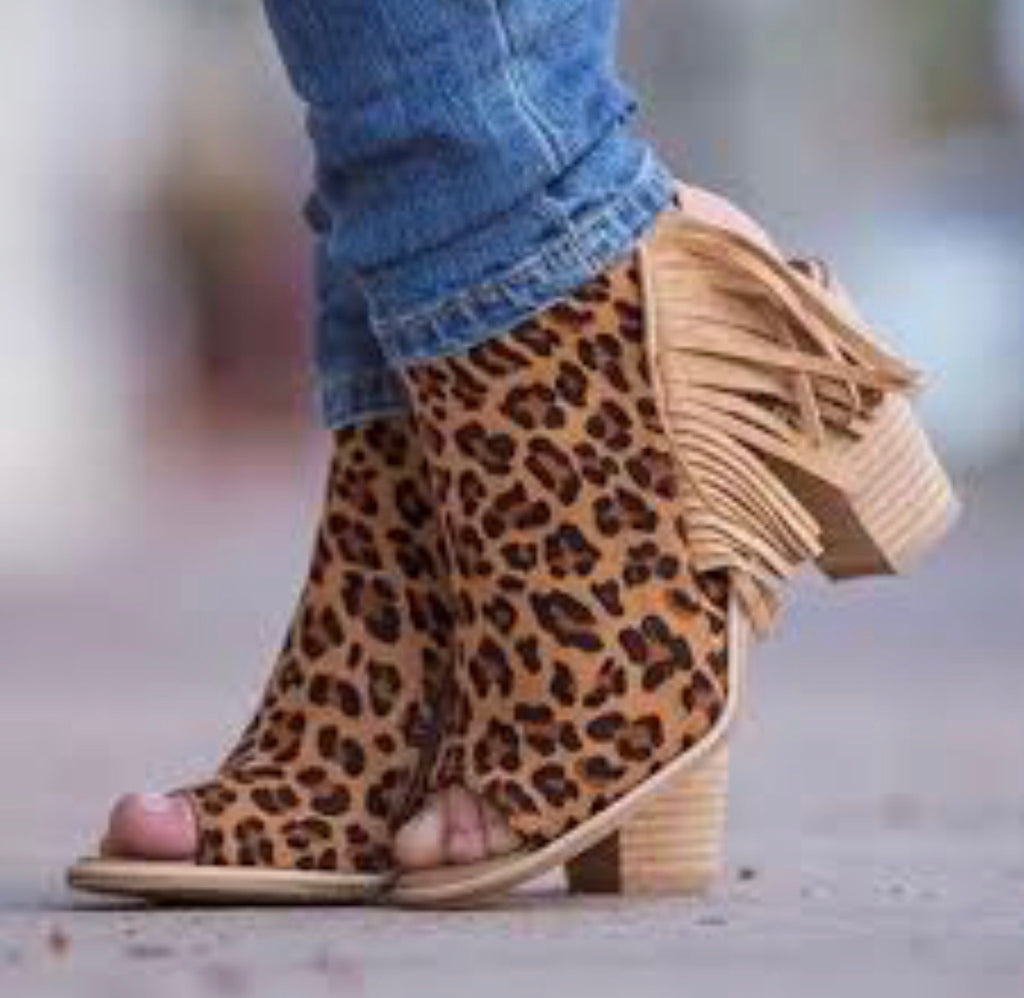 leopard fringe booties