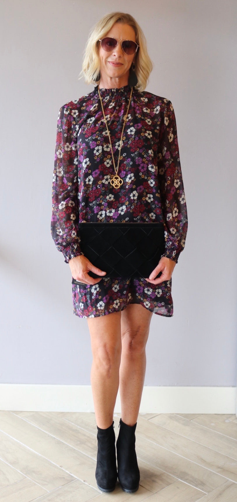 *BOBI BLACK Floral OLSEN Smock Neck Dress
