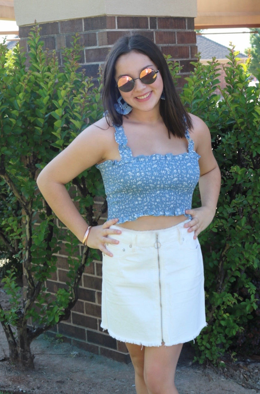 PURSUE Liberty Floral Smocked RuffleStrap Linen Top