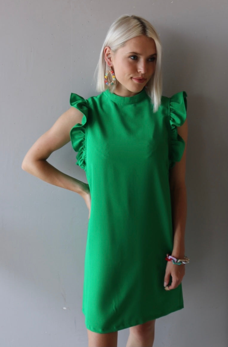 CHIME IN Ruffled Sleeve High Neck Dress