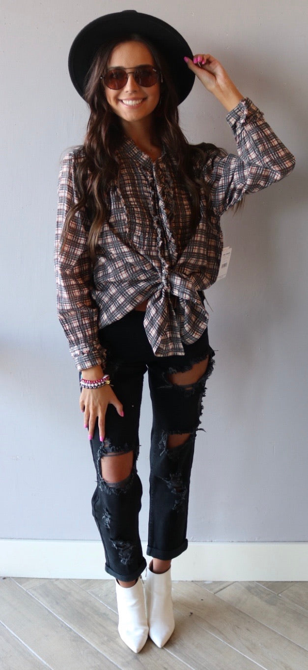 FREE PEOPLE Plaid MILES ButtonDown Tuxedo Shirt