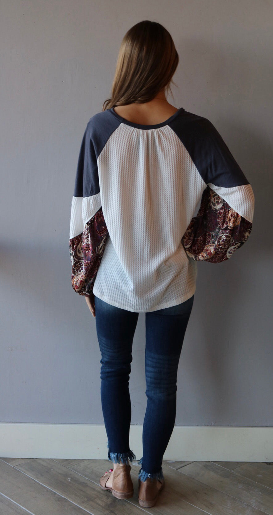 VIGILANT Floral PatchSleeve WaffleKnit Top