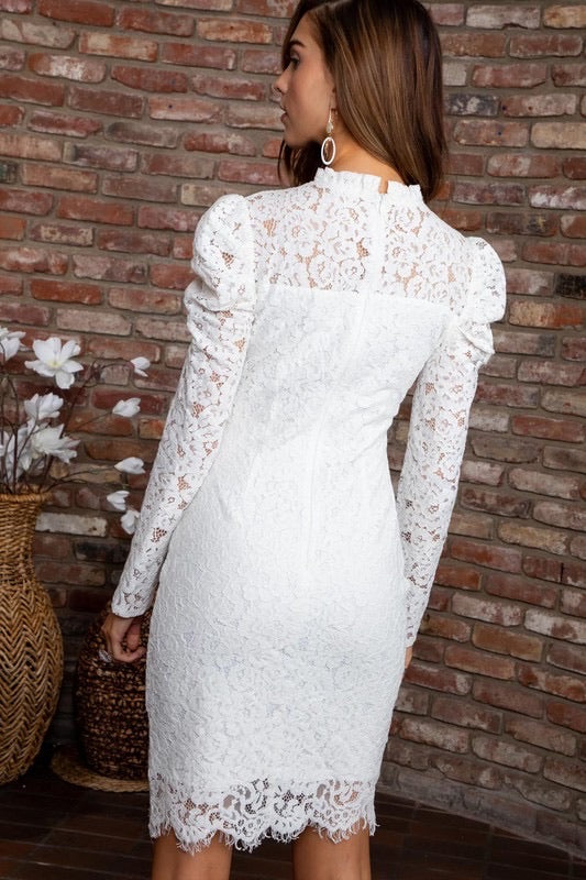 *Main Strip SWORN Lace HiNeck Puff Sleeve ScallopHem Dress