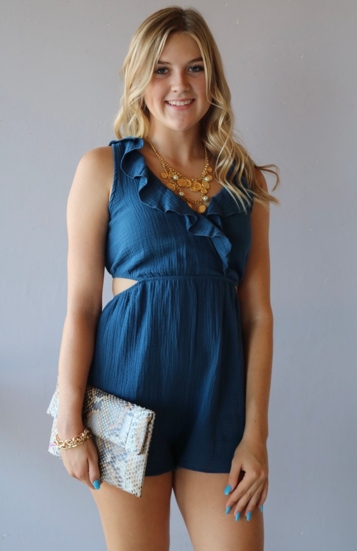 CUSTODY Cutout Back V-Neck Ruffled Romper