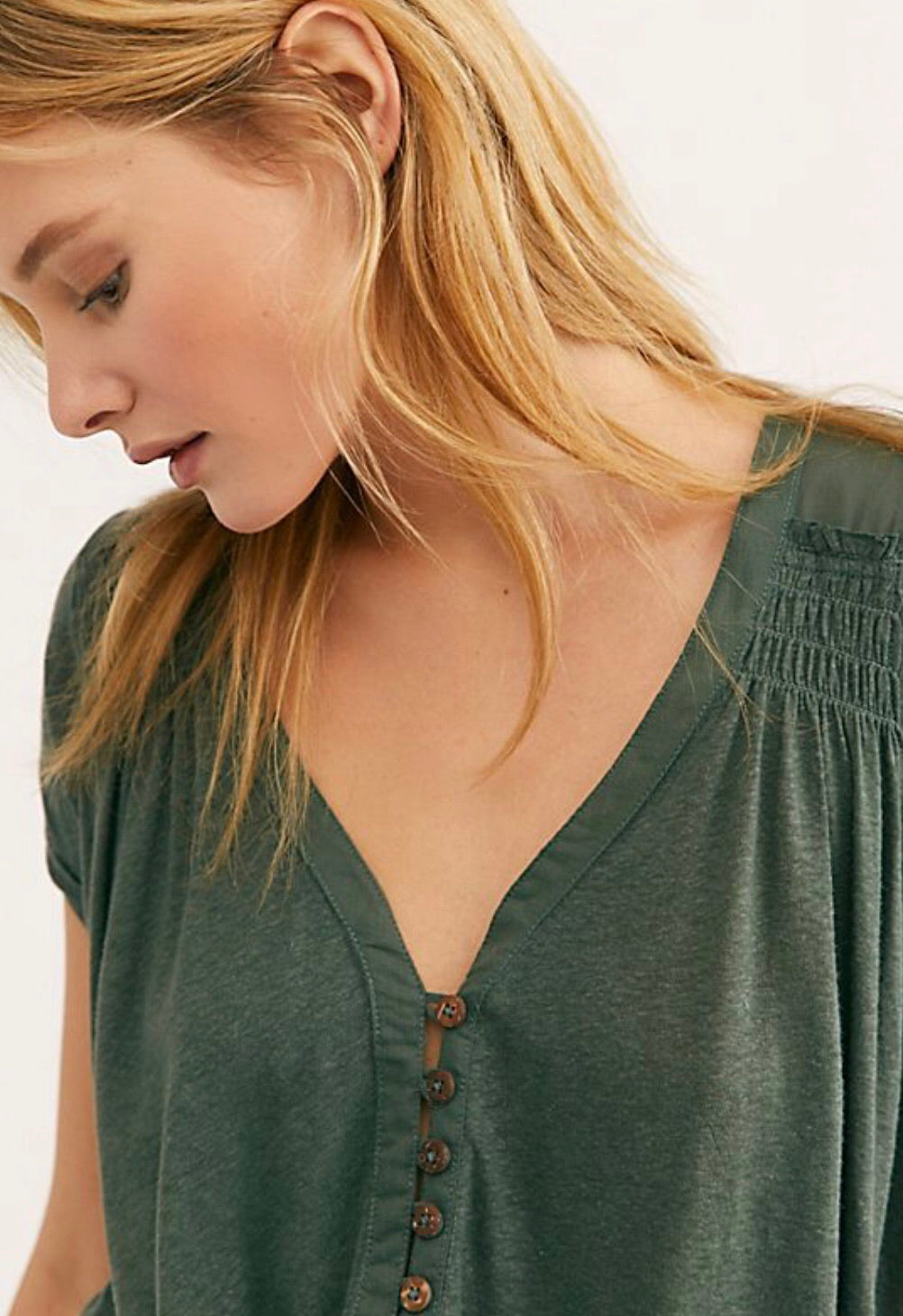 FREE PEOPLE Army HIGHLAND ButtonFront Smocked HiLo Tee Top