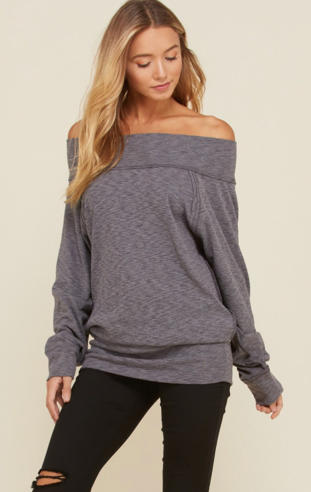 TAKE IT EASY Off Shoulder Slub Knit Sweater Tunic Top