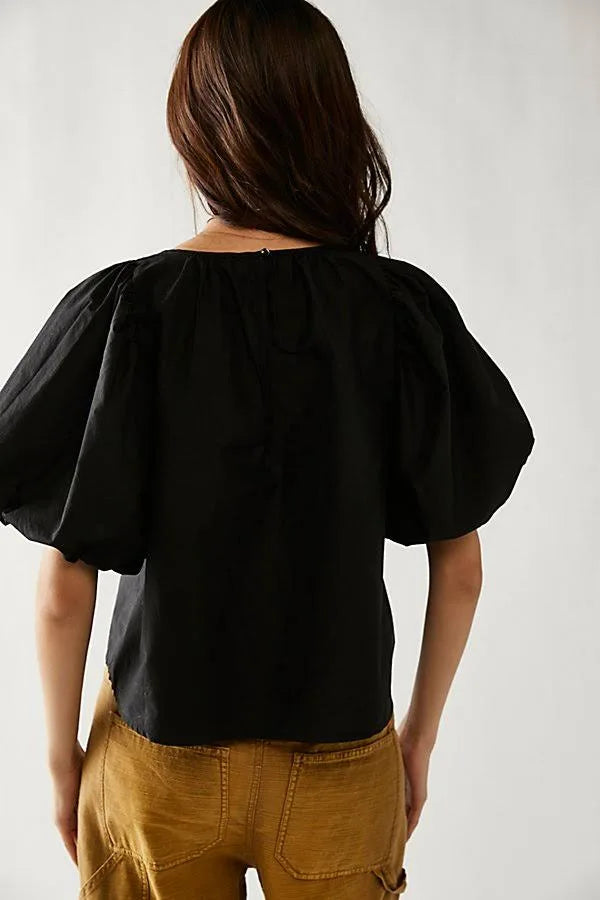 FREE PEOPLE Crochet Front BARDOT PuffSleeve Woven Top