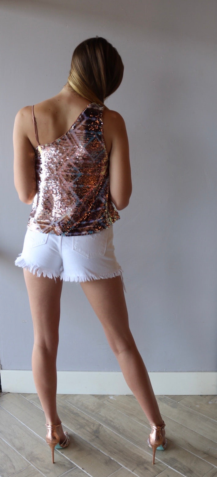 FREE PEOPLE One Shoulder DISCO FEVER Sequin Tank Top