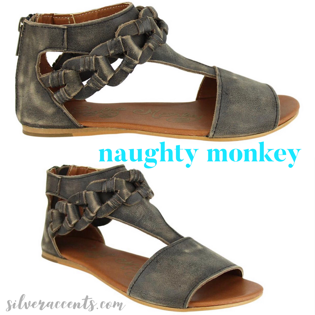 NAUGHTY MONKEY Black LOOP D’LOOP Distressed Leather Sandal Shoe