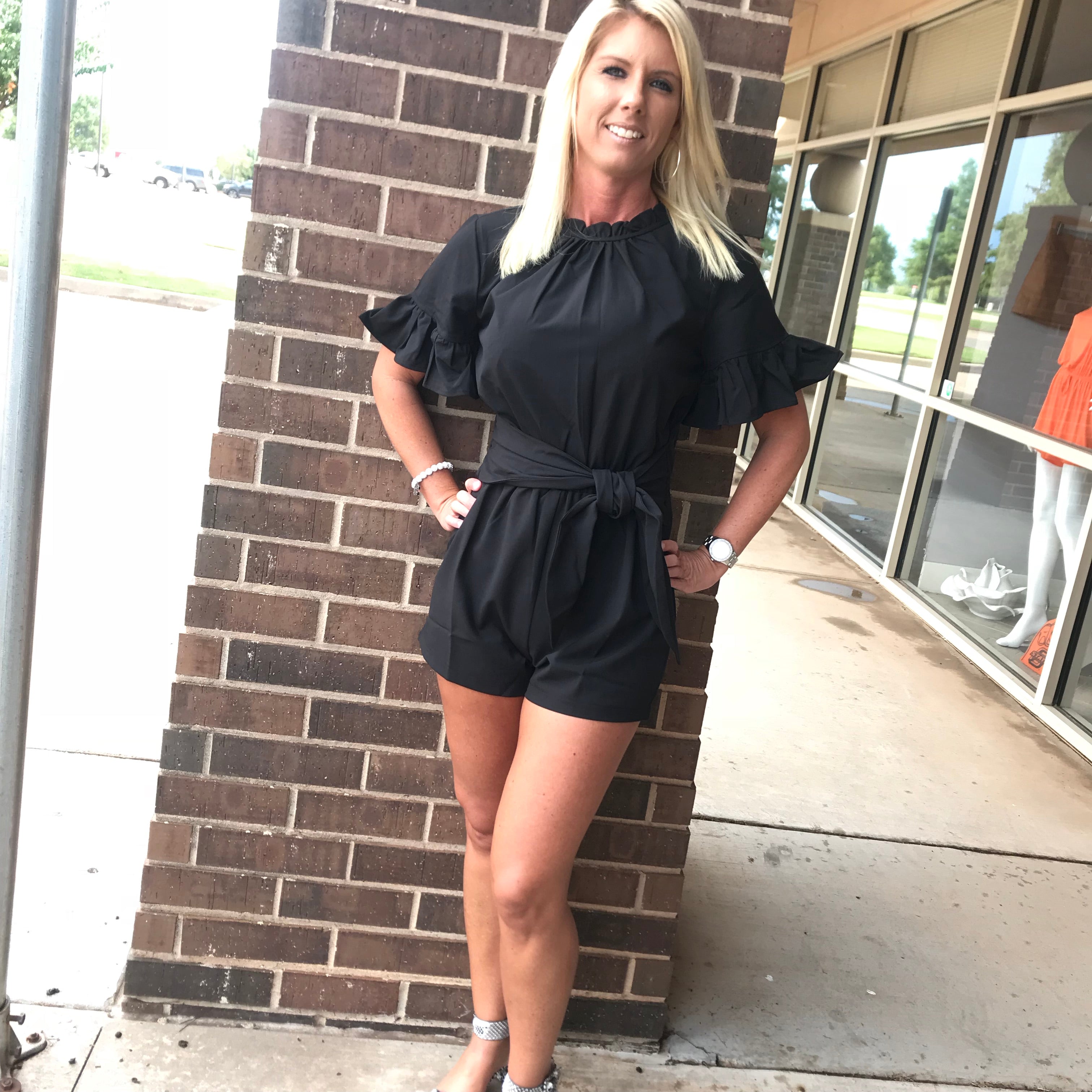 AWESTRUCK Gather Neck Ruffle Sleeve Tie Front Romper