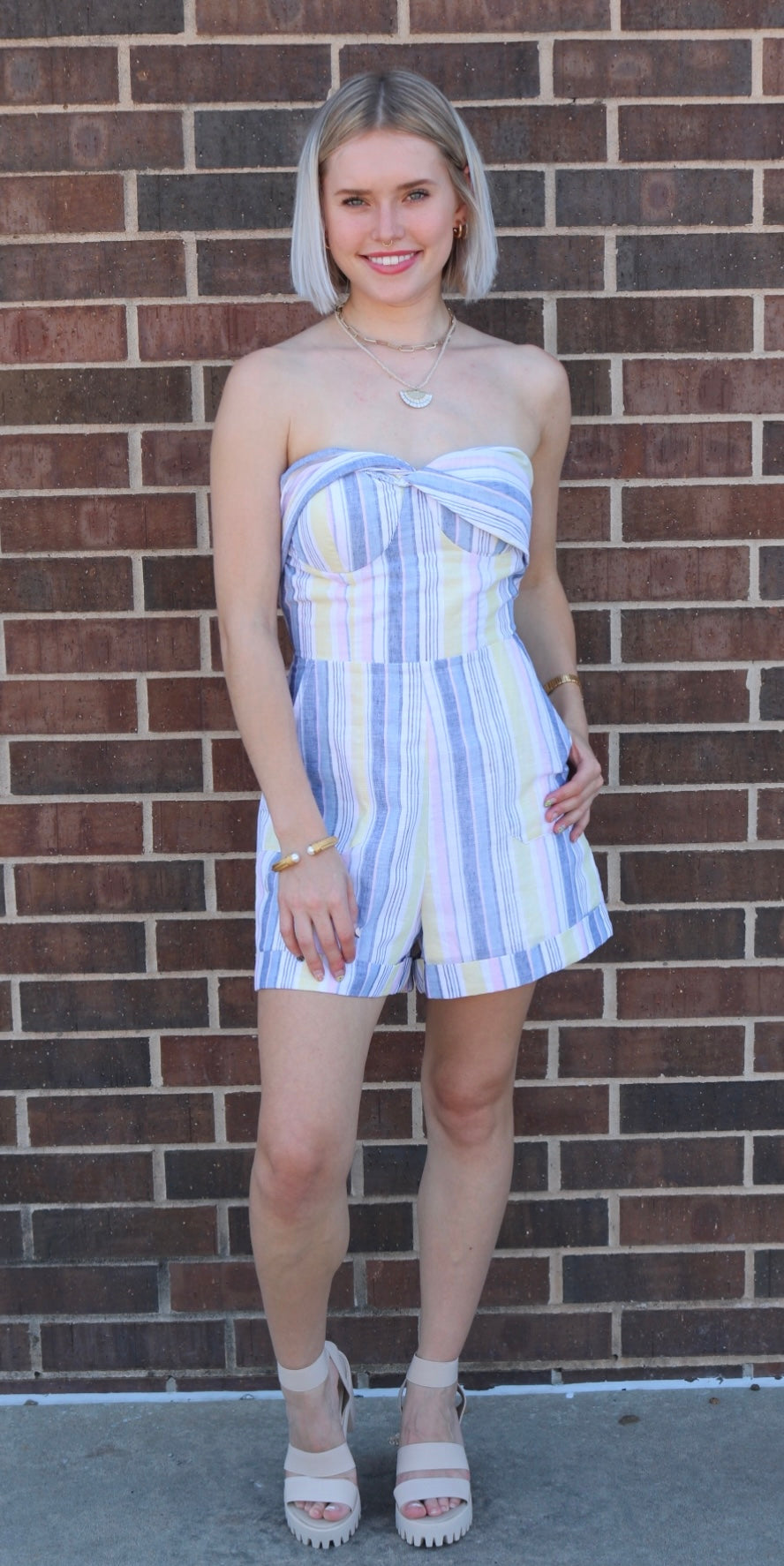 SURREAL Stripe BowFront Strapless Romper