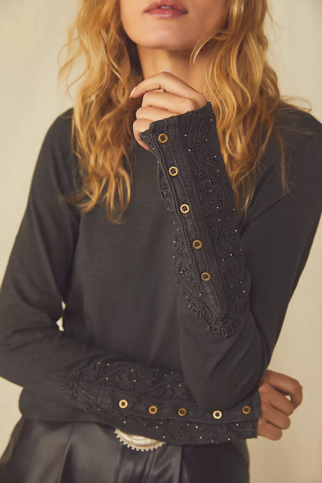 FREE PEOPLE Embroidered HOOKED ON YOU CUFF MockNeck Top