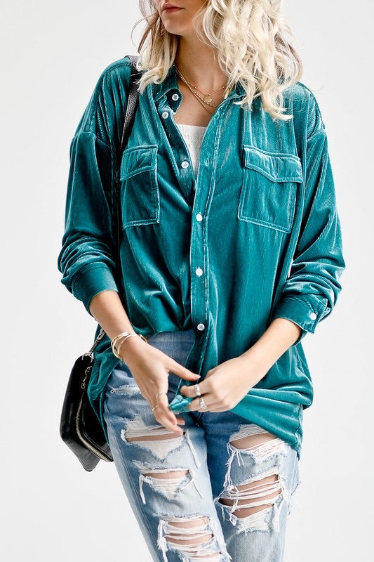 ROXY Rib Velvet ButtonDown Collared Top