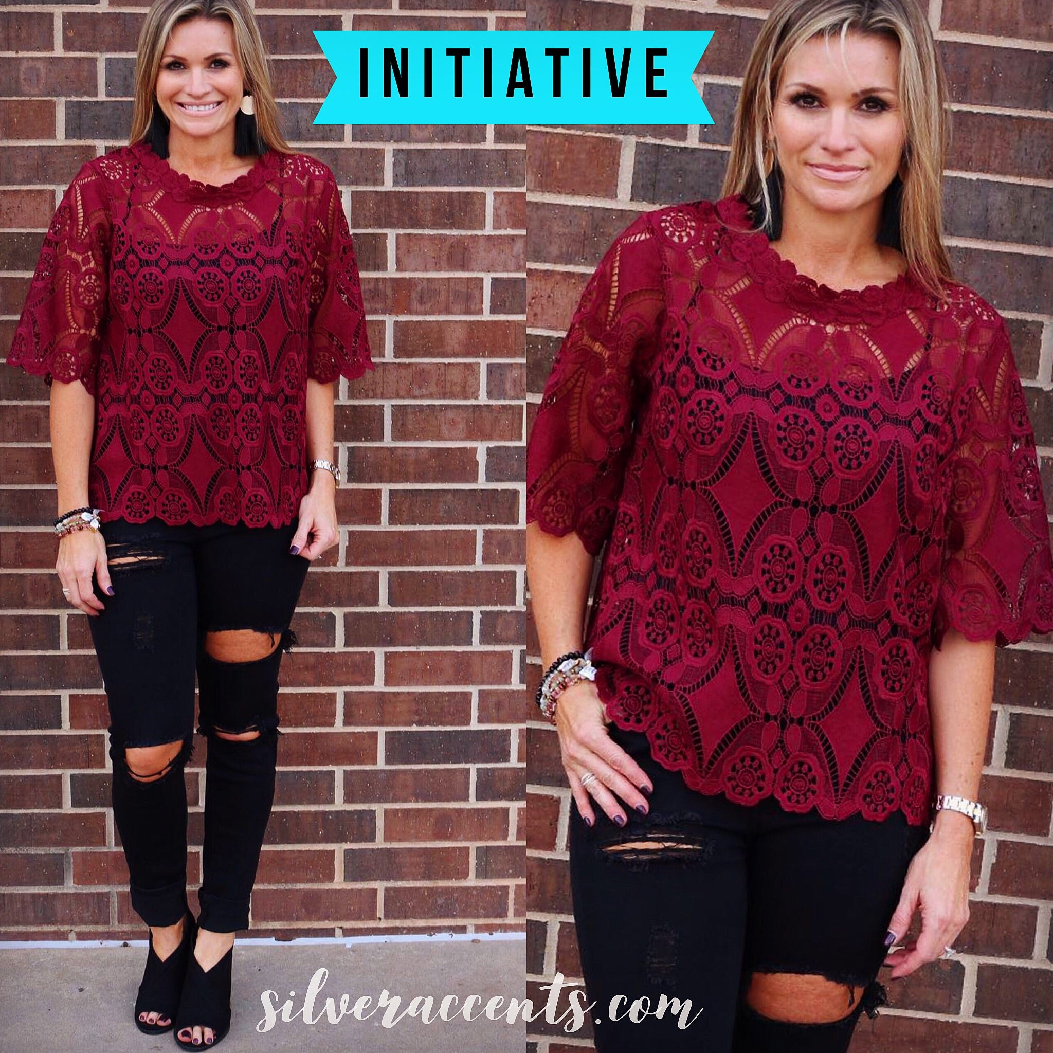 INITIATIVE Crochet Lace Elbow Sleeve CrewNeck Top