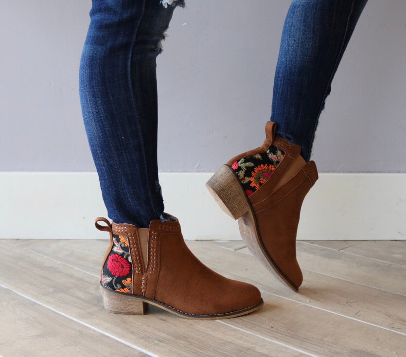 AURORA Floral Embroidered Back SlipOn Bootie Shoe